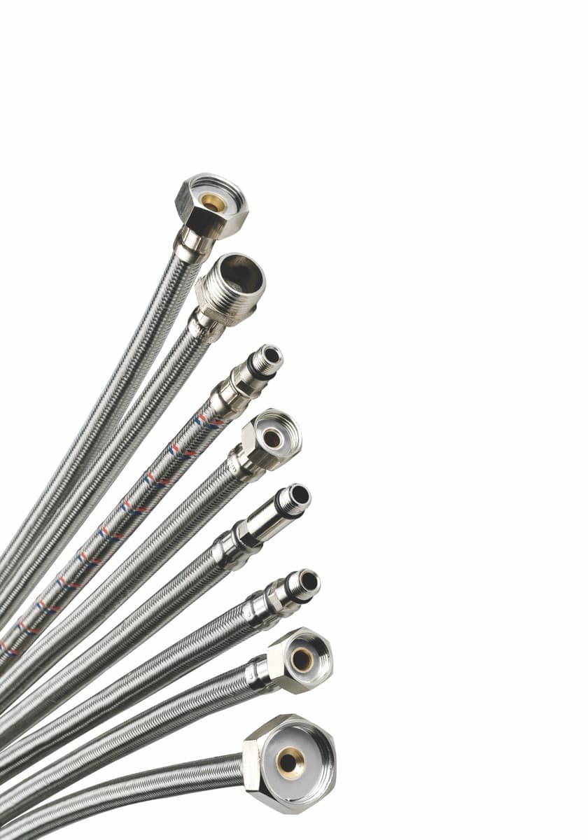 Mistillo stainless steel braided flex hose range: nut, male thread and mixer (M10x1) end models